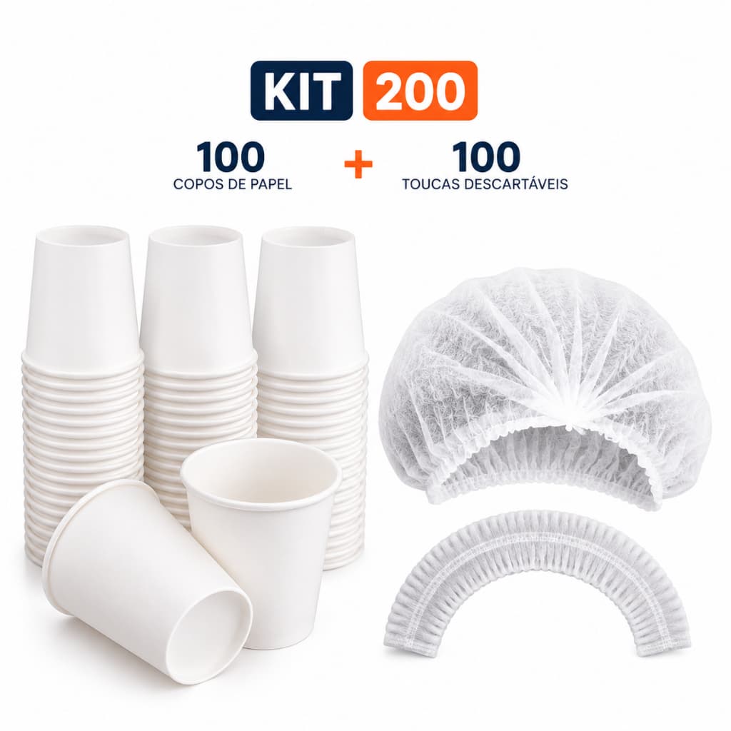 Kit 100 Copos de Papel + 100 Toucas Descartáveis TNT Branca