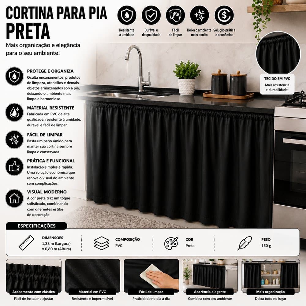 Cortina para Pia de Cozinha - Preta Organizador Armário Balcão Área de Serviço 💧 Fácil Limpeza ✨