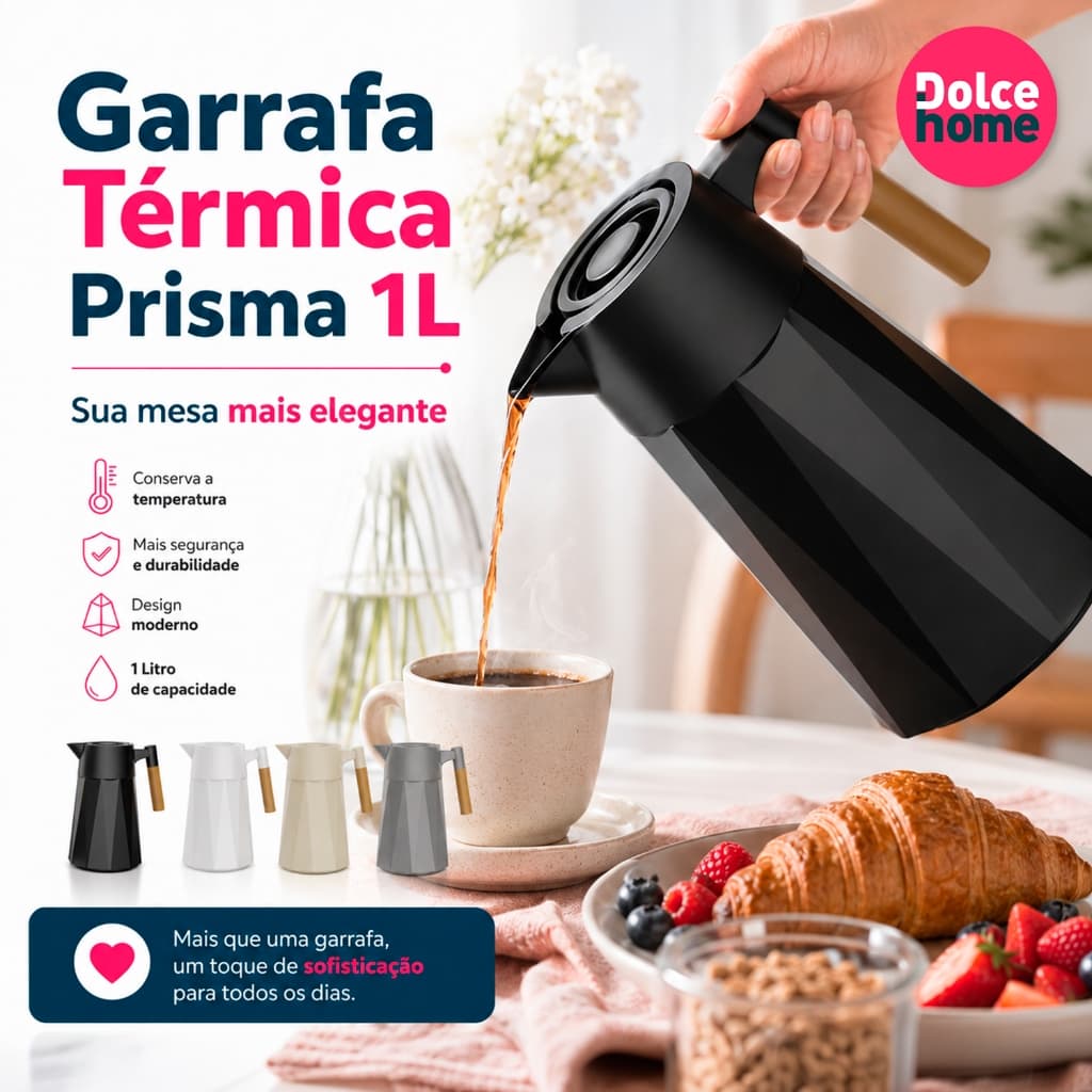 Garrafa Térmica Prisma 1 Litro Para Chás/Café  Design Moderno Cabo Madeira