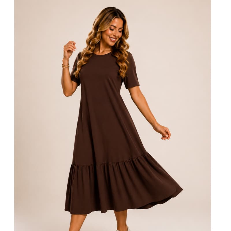 Vestido Midi Feminino Elegante Casual Soltinho com Babado Manga Curta 100% Algodão