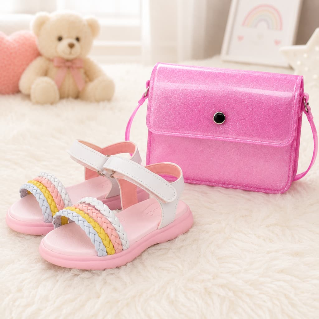 Kit Sandália Infantil Menina Trançada Colorida Com Bolsa Glitter Rosa Festa Conforto Macia Leve