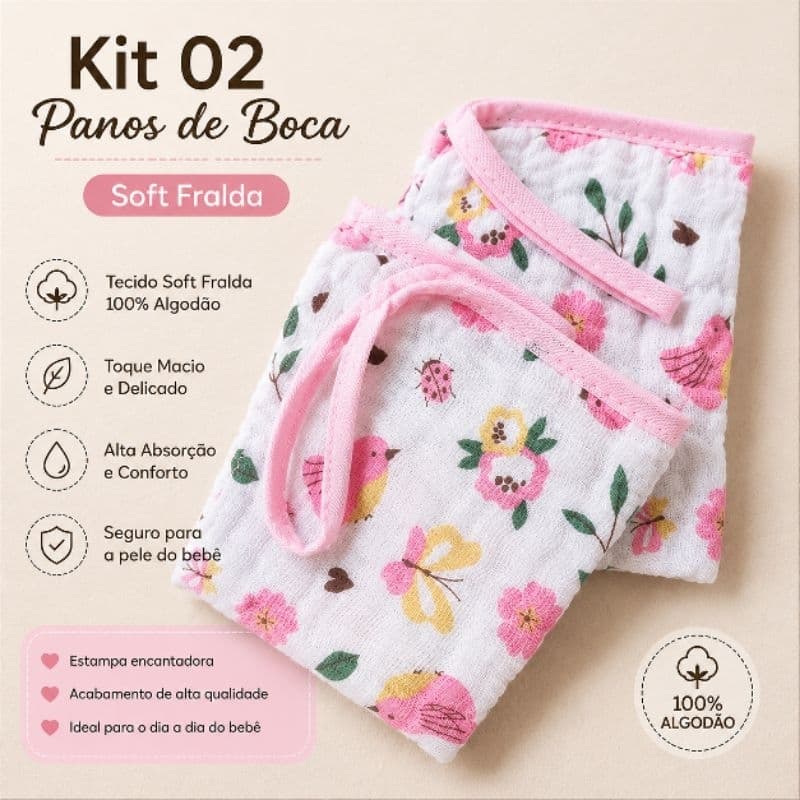 Kit 02 Unidades Pano de Boca Soft Fralda Mão  40cm x 20 cm 100% Algodão Macio com Prendedor de Chupeta