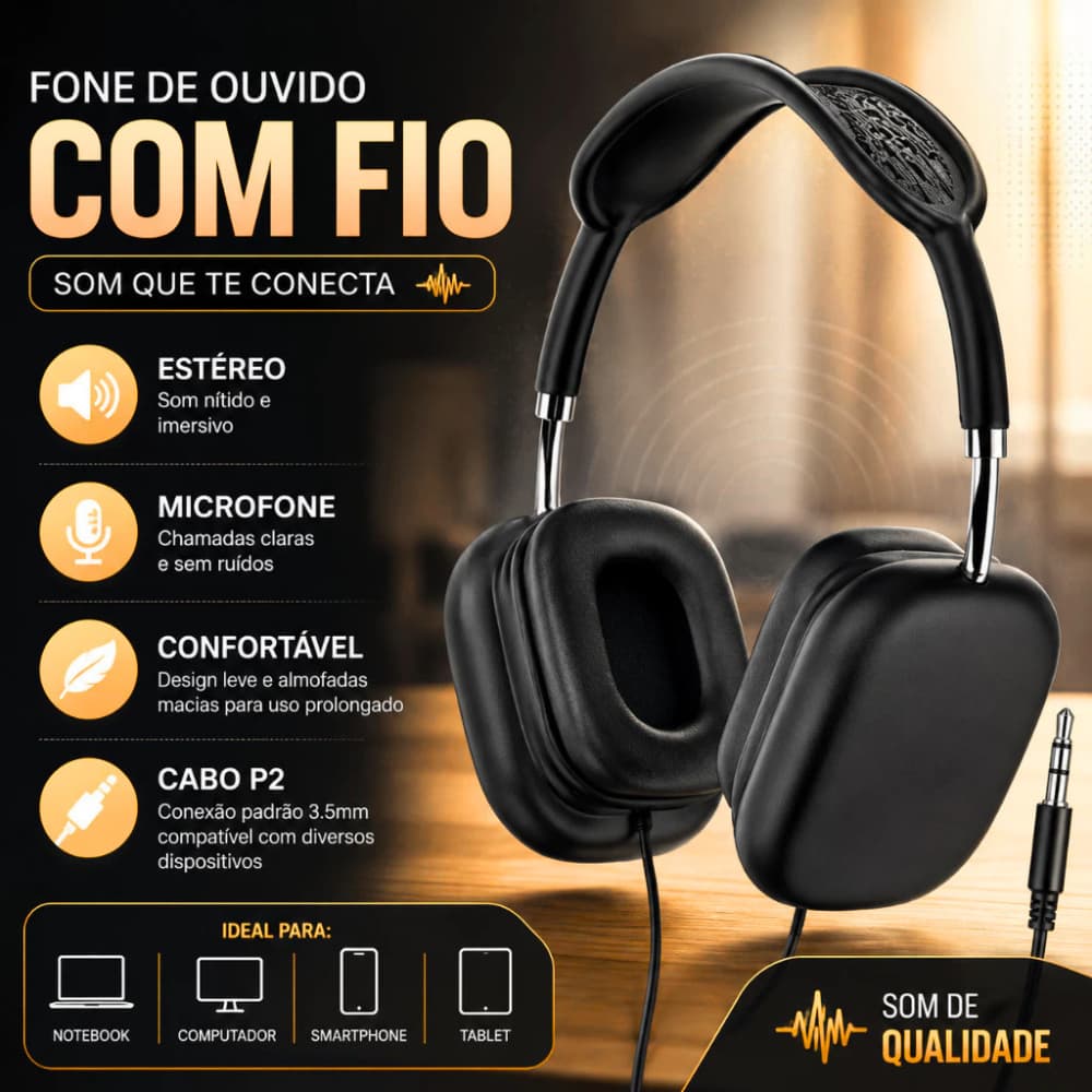 Fone de Ouvido com Fio Estéreo Microfone HD Leve Confortável Estudo Música Reuniões Home Office