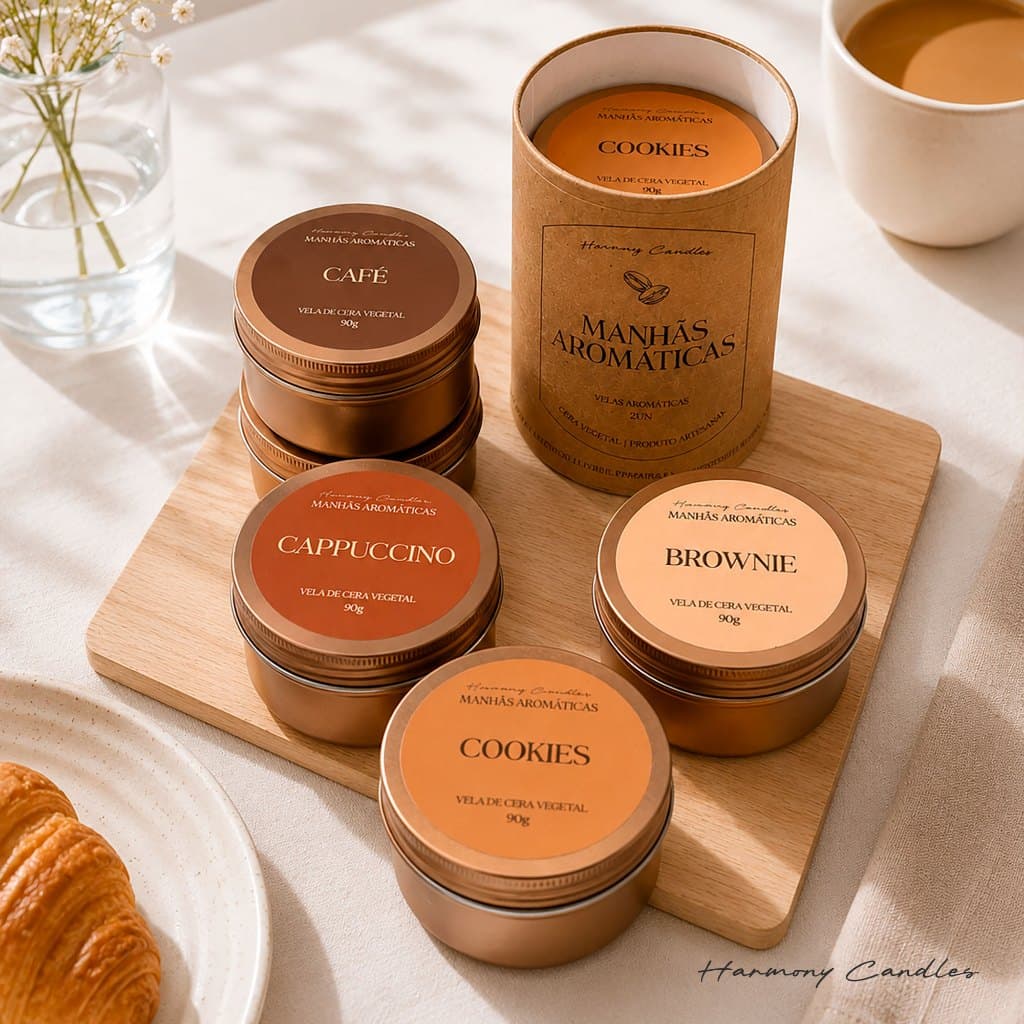 Kit Velas Aromáticas Manhãs Aromáticas | Kit Duplas Café + Brownie ou Cappuccino + Cookies | Embalagem Tubo Especial