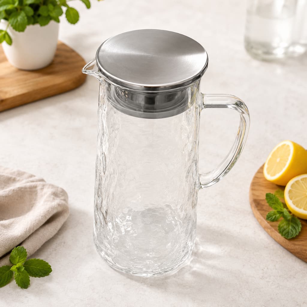 Jarra de Vidro Transparente 1,5L com Tampa Inox Hermética Água Suco Chá Mesa Posta Geladeira