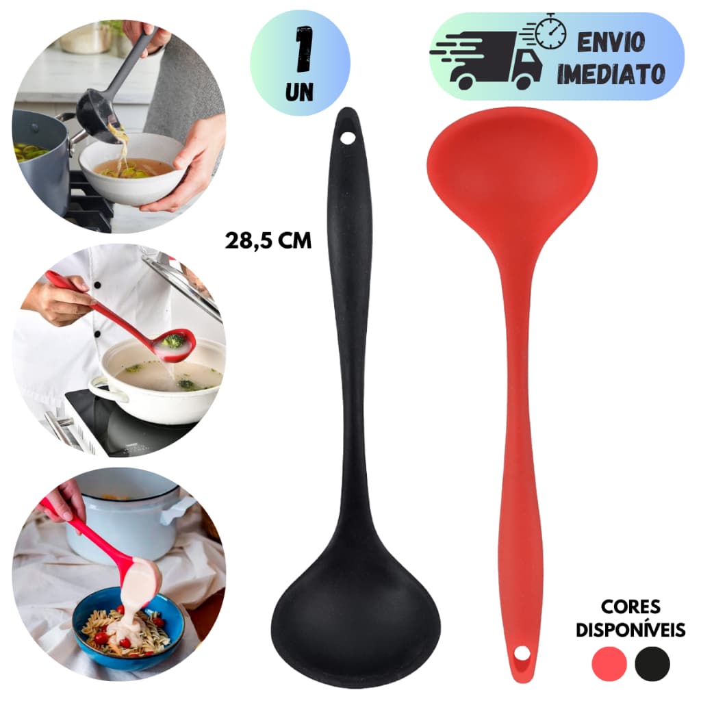 CONCHA SILICONE 28CM  DE FEIJÃO UTENSÍLIO DE COZINHA NAS CORES VERMELHO PRETO CABO RESISTENTE