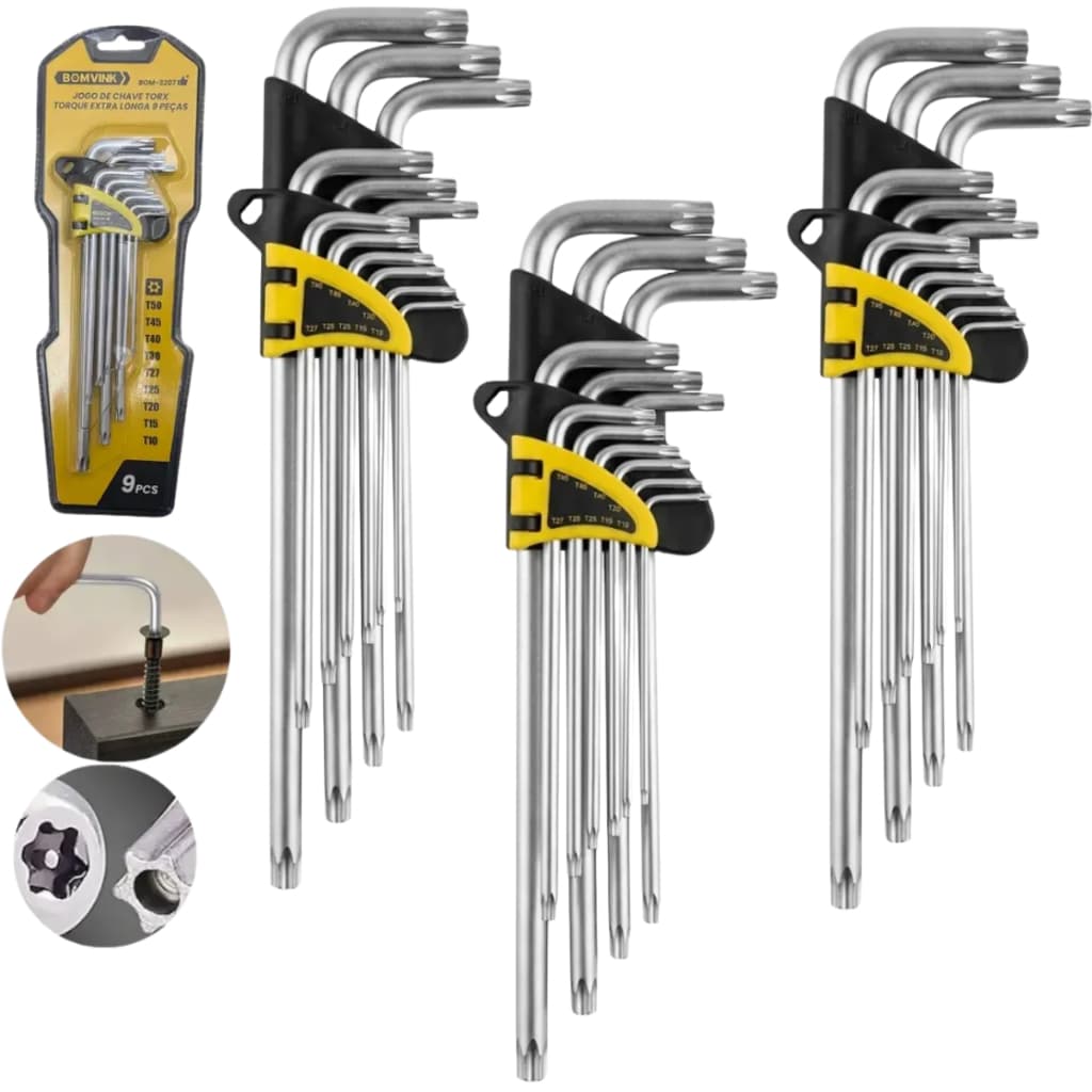 Kit 3 Jogo Chave Torx Torque Extra Longa 9 Peças Bomvink Bom-3207