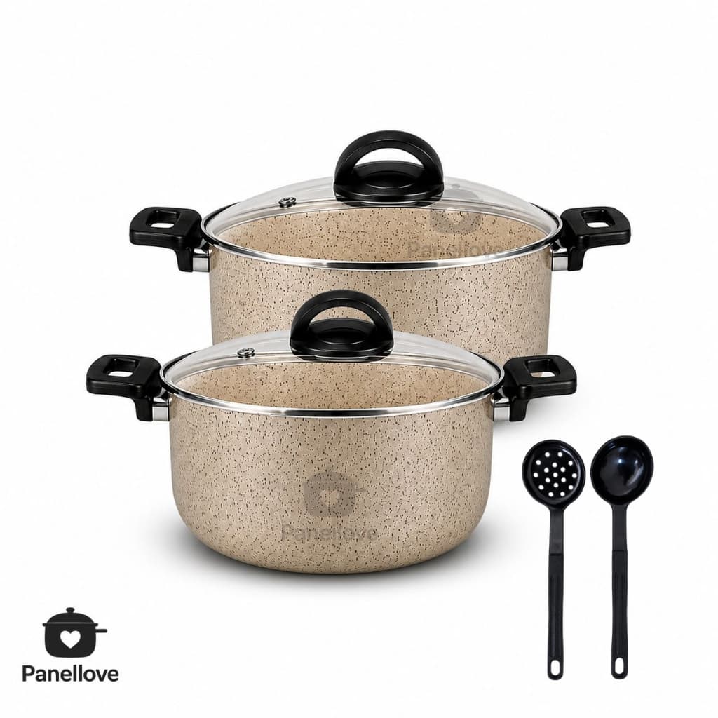 KIT 2 Panelas Caçarolas Antiaderente Teflon Cor Vanilla Tamanhos 22 e 24 com Escumadeira e Concha