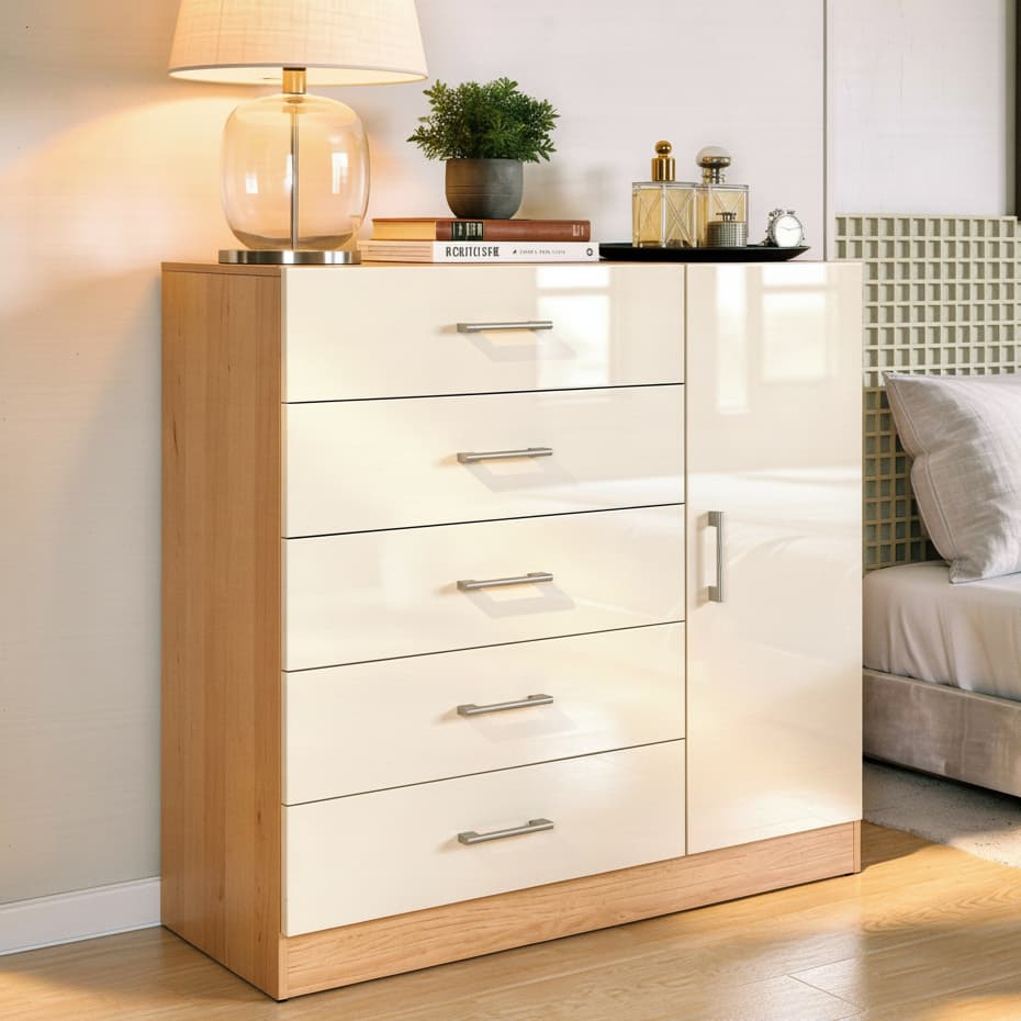 Cômoda Miami 5 Gavetas 1 Porta Sapateira Organizadora Cinamomo Branco Off White - Blue Moby