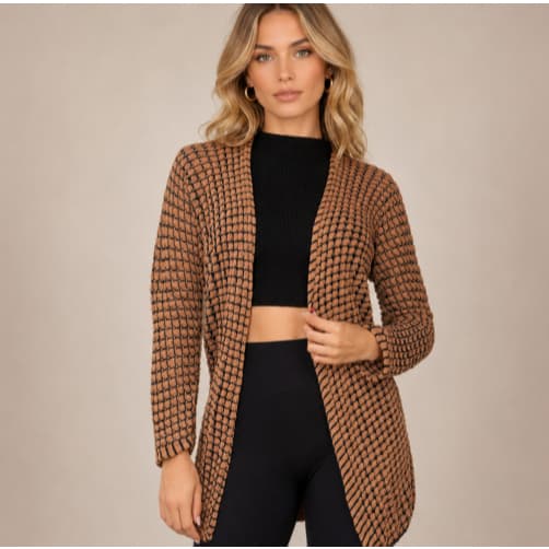 Cardigan Feminino Longo Trico Lã Kimono Inverno Quadradinho