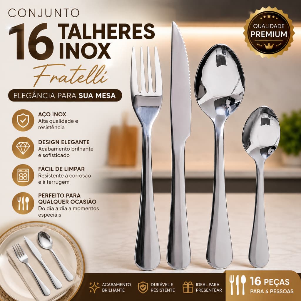 Kit Talheres Inox 16 Peças Prime Fratelli Faqueiro Conjunto Completo Alto Brilho Alta Qualidade