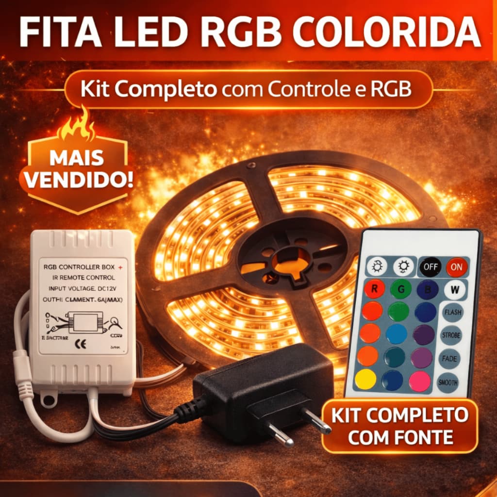 Fita LED RGB 5m com FONTE e Controle–Colorida e Branco Quente e Frio 16 Cores 12V Kit Completo