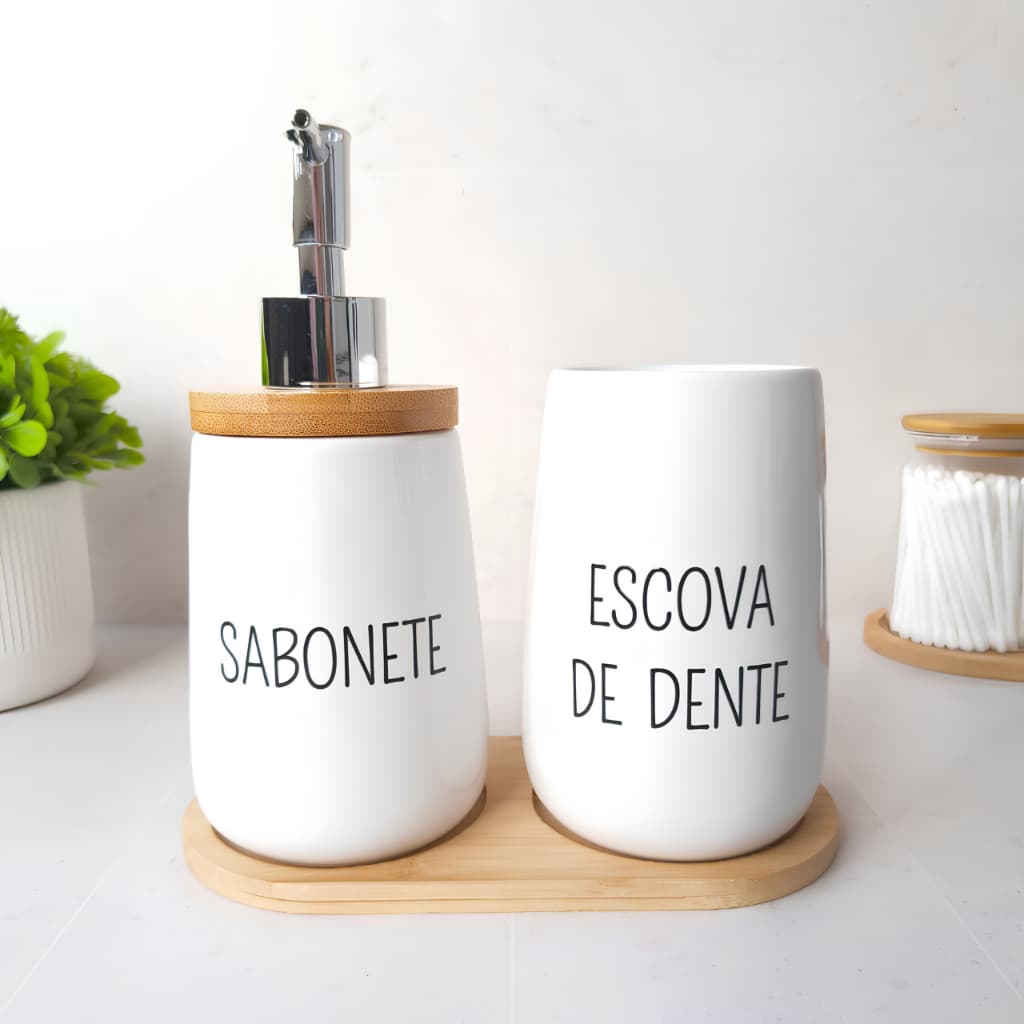 Kit Banheiro Cerâmica Branca Dispenser Porta Sabonete Líquido Porta Escova de Dente Bandeja de bambu