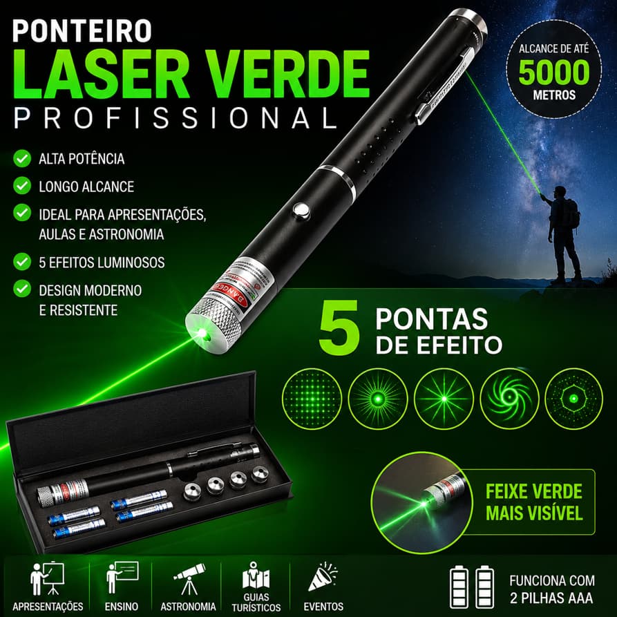 Ponteiro Laser Verde Profissional Recarregável com 5 Pontas de Efeito para Apresentações e Astronomia