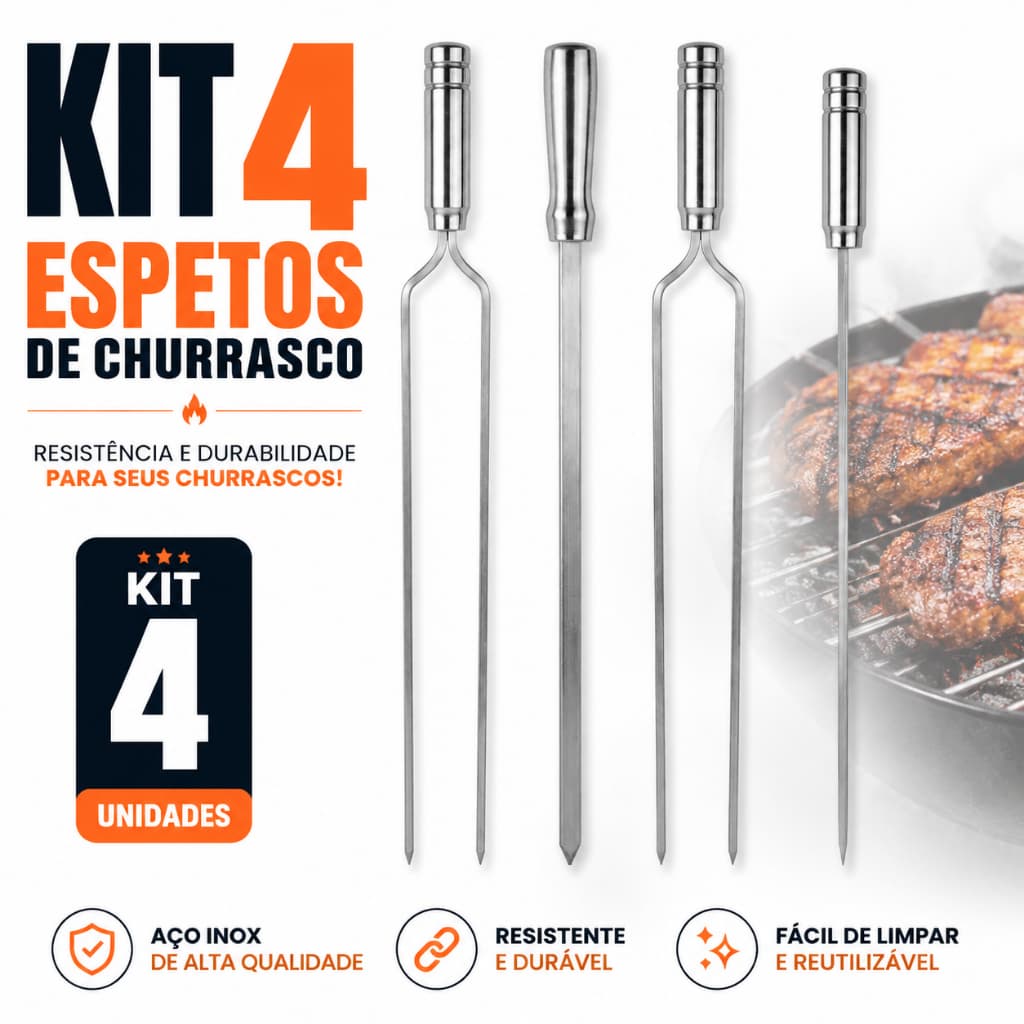 Kit Espetos Churrasco Aluminio 4 Unidades Duplo Simples Chato Profissional 50cm 60cm 70cm Resistente