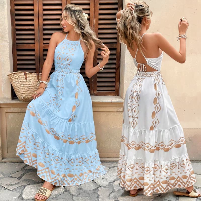 Vestido Midi Longo Estilo Bohêmio Decote Costas Abertas com Laço Elegante para Festa e Viagem