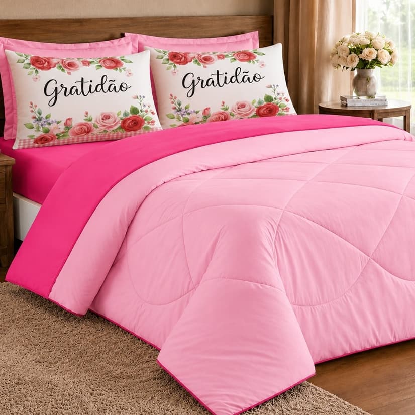 KIT EDREDOM CASAL QUEEN ESTAMPADO ( GRATIDÃO ) DUPLA FACE 05 PEÇAS PROMOÇÃO - PINK COM ROSA