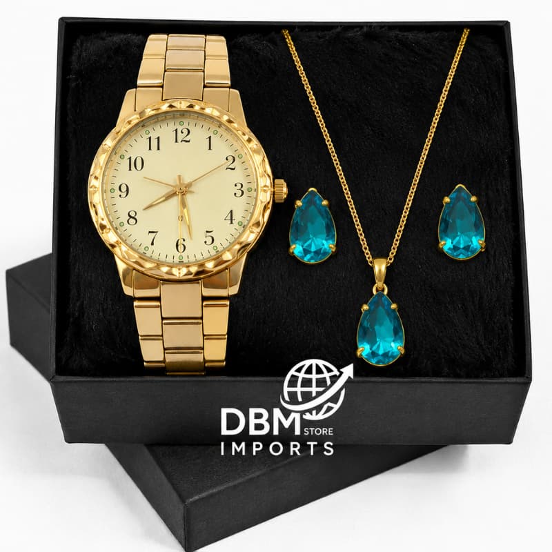 Relógio Feminino Dourado Aço Inox + Colar e Brinco | Conjunto Luxo Elegante