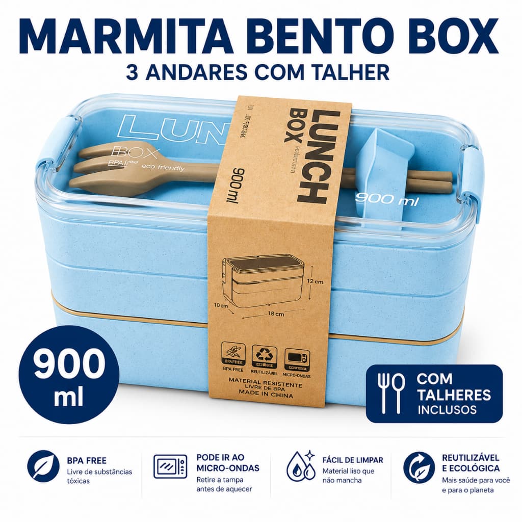 Marmita Fitness 900ml Com Talheres Lunch Box 3 Andares BPA Free Academia Trabalho Escola