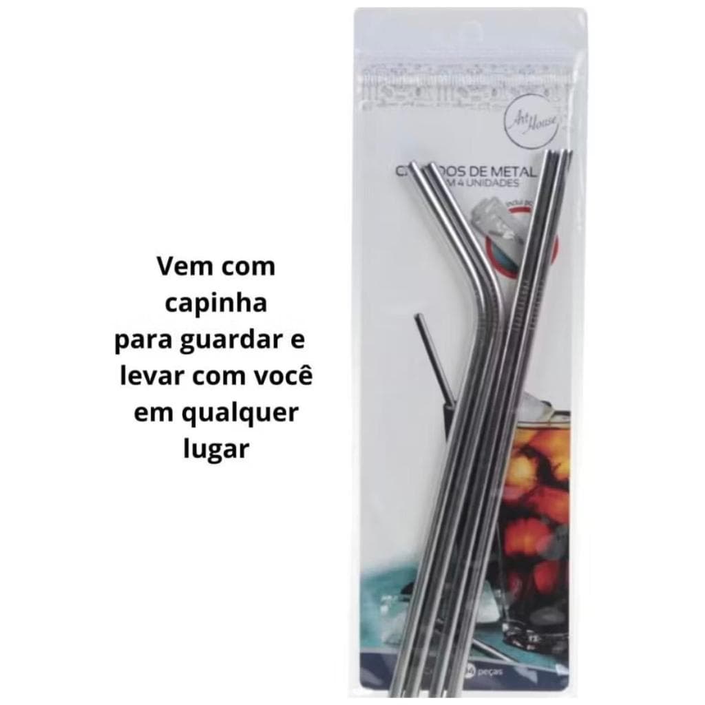 Kit 4 Canudos de Metal Inox Reutilizável Ecológico | 2 Retos + 2 Curvos