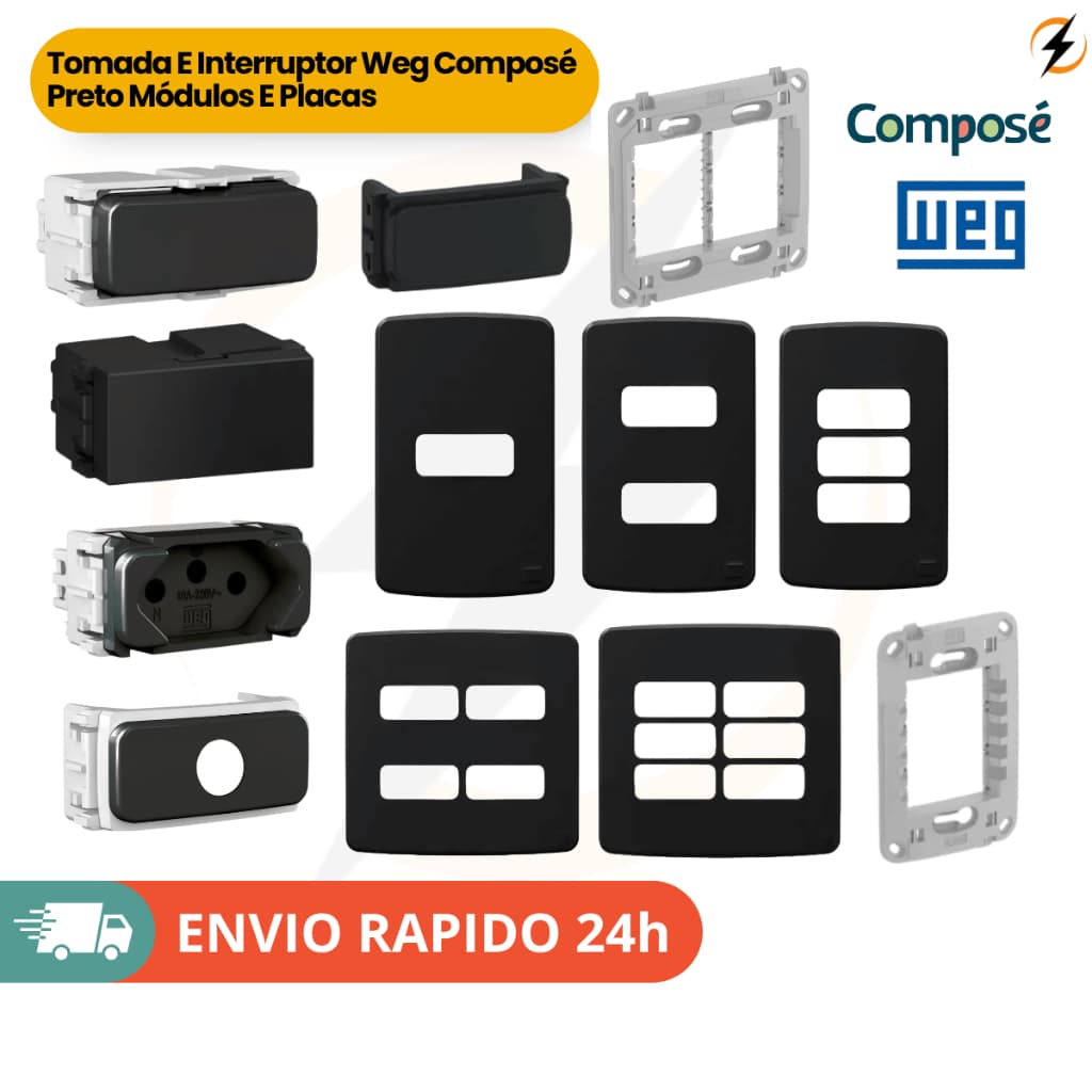Linha Weg Composé Preto Interruptores Tomadas Suportes Placas Módulos