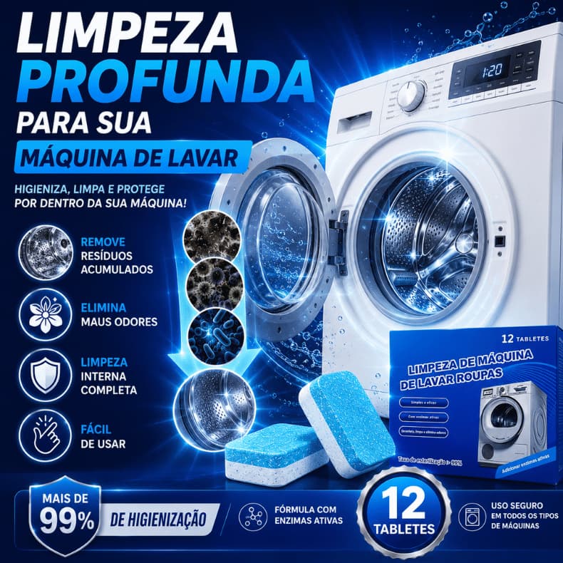 Limpa Máquina de Lavar Roupas com 12 Tabletes Efervescentes | Remove Odores e Resíduos