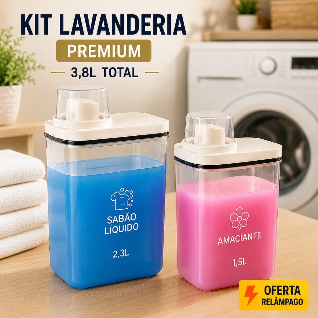 Kit Dispenser Para Sabão Líquido Amaciante Alvejante Tira Mancha 2,3L + 1,5L Organizador Lavanderia