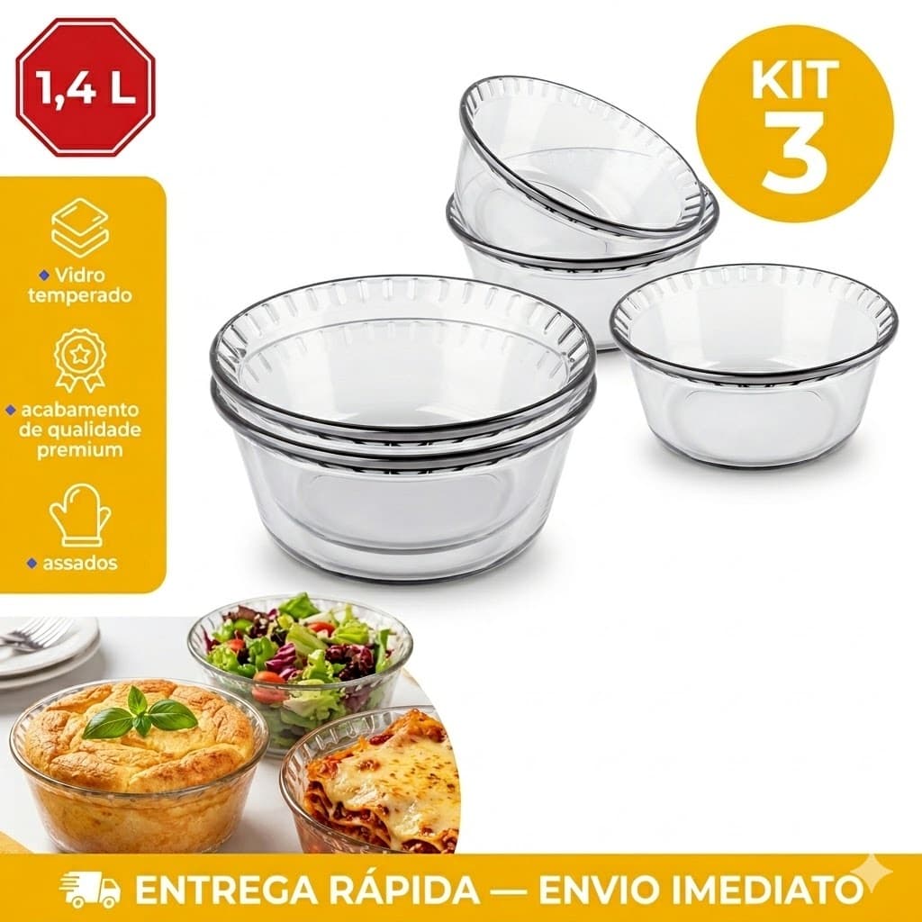 Kit Jogo de 3 Forma de Suflê Marinex 1,4L Assadeira resistentes a Conjunto 3 Assadeira Vidro Temperado