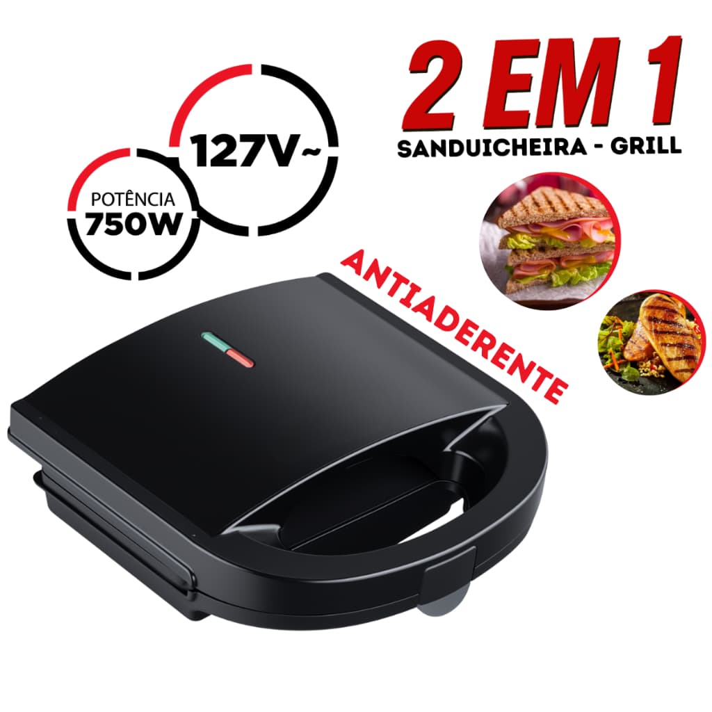 Sanduicheira Grill Preta 2 em 1 Antiaderente 127v 750w