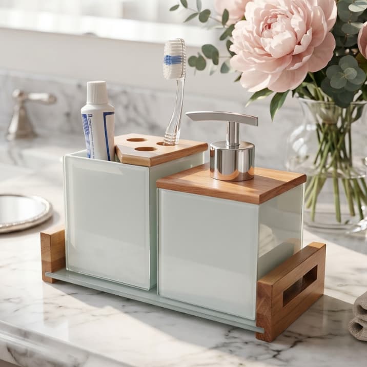 Kit Banheiro Lavabo Luxo Vidro E Madeira Com Bandeja Porta Escova e Saboneteira