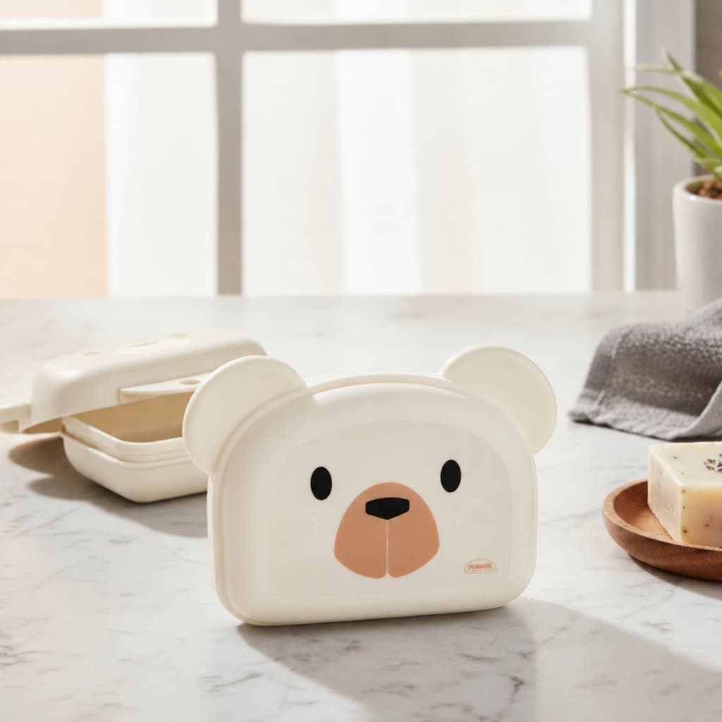Saboneteira infantil banho do bebê com tampa gatinho ou Ursinho