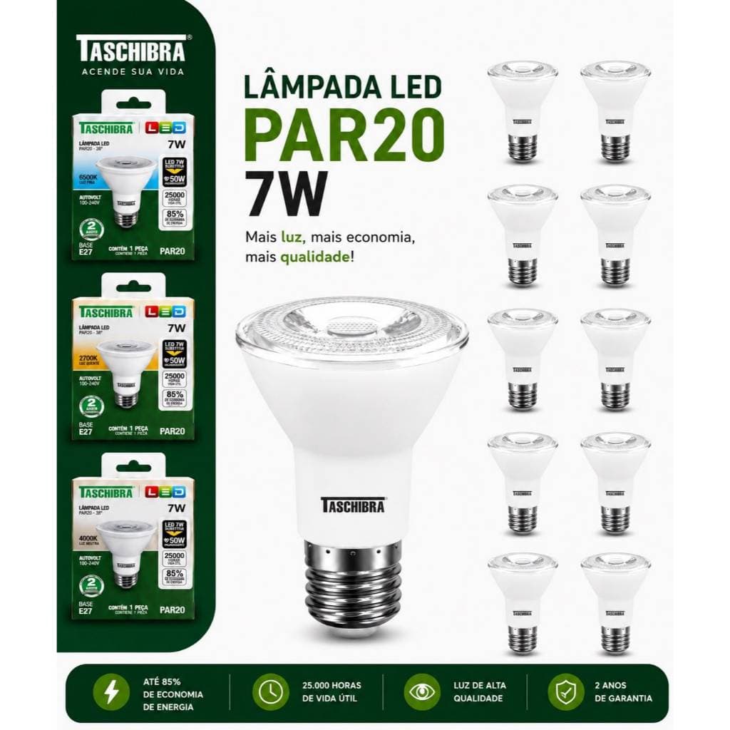 Kit 10 Lâmpadas Led Par 20 Taschibra 7w Bivolt 2700k(Quente) 4000K(Neutra) e 6500k(Fria)