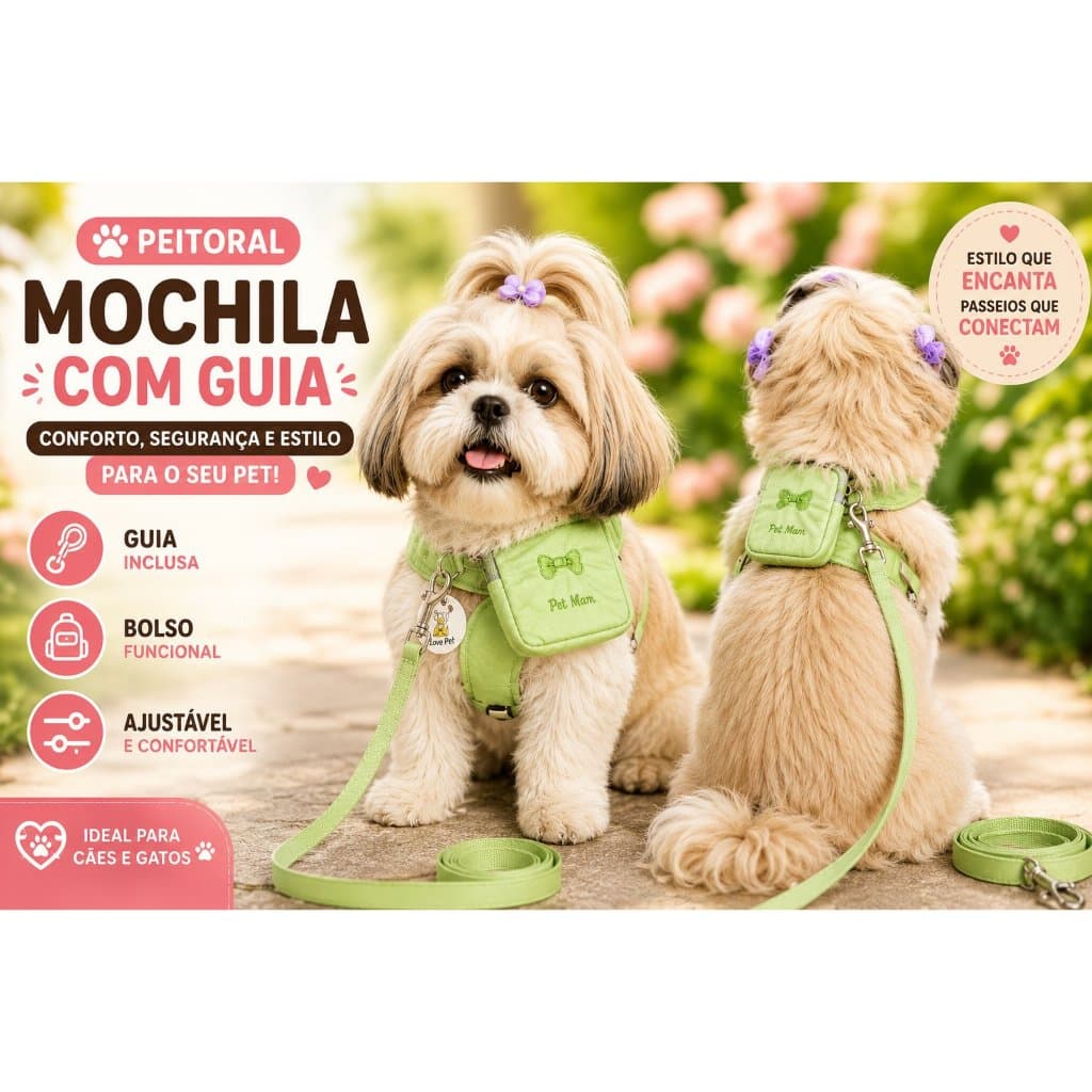Peitoral Pet Premium Com Bolsinha e Guia Para Cachorro e Gato