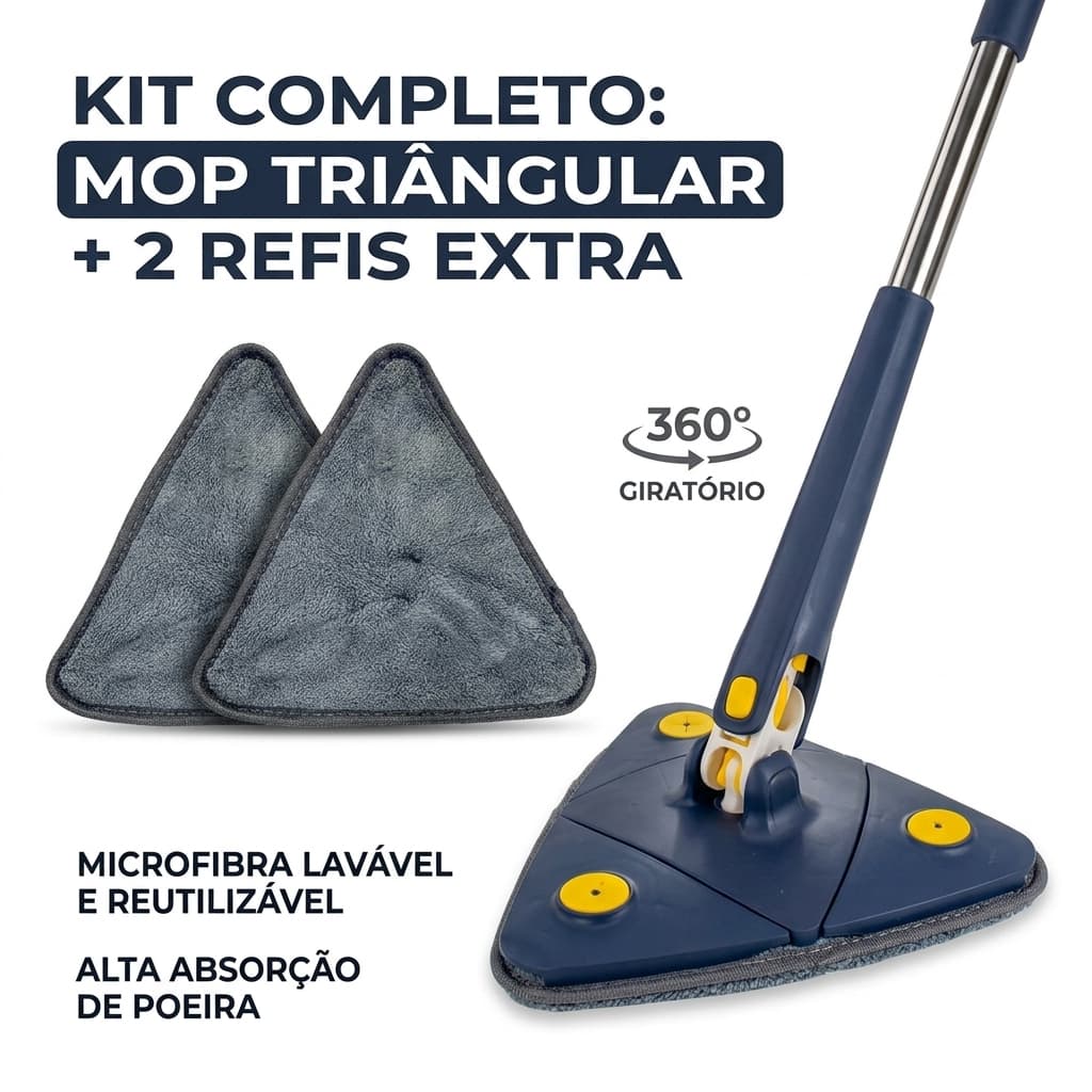 Mop Esfregão Triangular 360° Giratório Microfibra Cantos Limpeza Rápida e Eficiente Cabo Ajustável Ergonômico para Limpe