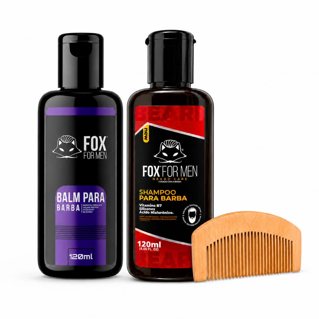 Kit Barba Masculino Shampoo 120ml + Balm 120ml + Pente Madeira Fox For Men Barba Macia Alinhada