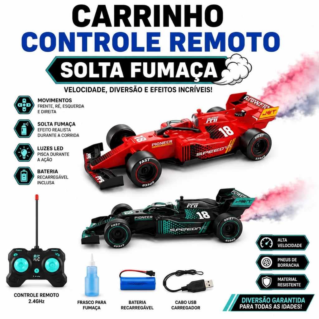 Carrinho de controle remoto recarregavel de Controle Remoto Formula 1 alta velocidade solta fumaça