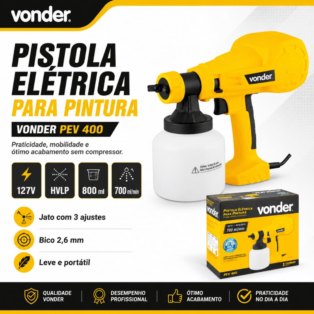 Pistola Elétrica Para Pintura Vonder PEV 400 127V HVLP 800ml 700ml/min