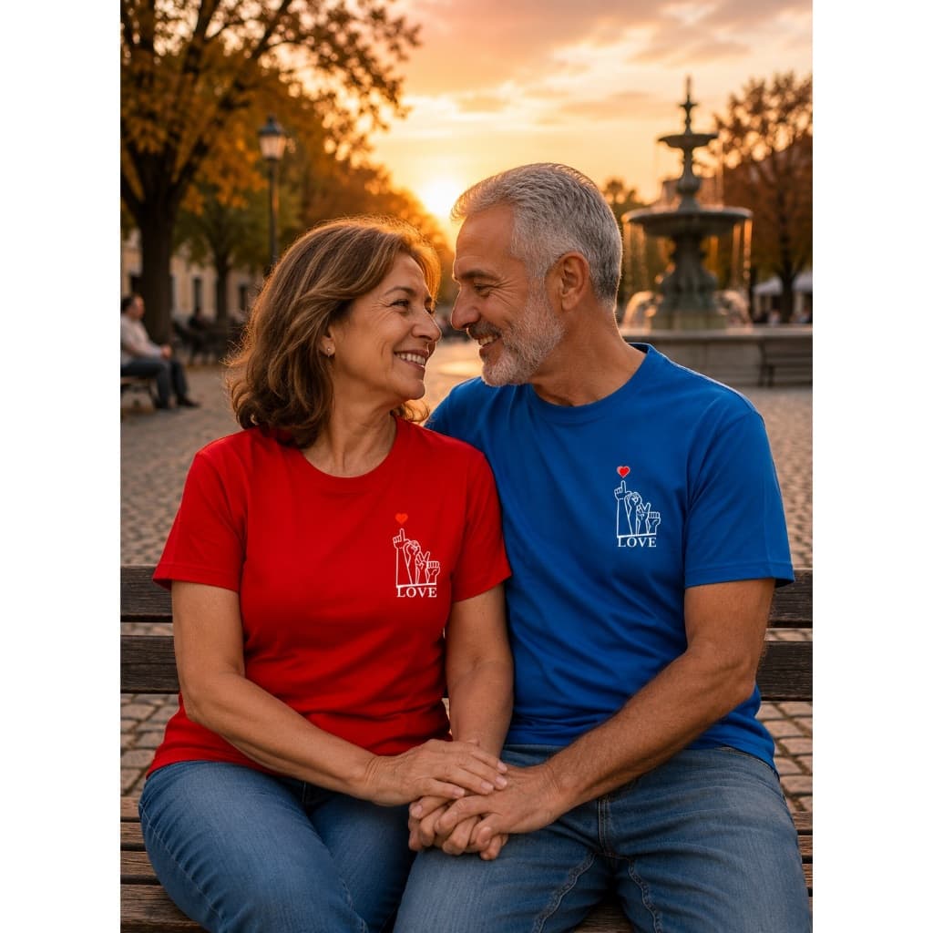 LOVE VERMELHO AZUL IDADE CASAL MADURO JOVEM AMOR RELACIONAMENTO CASAMENTO CAMISETA CAMISA ESTAÇÕES HOMEM MULHER UNISSEX