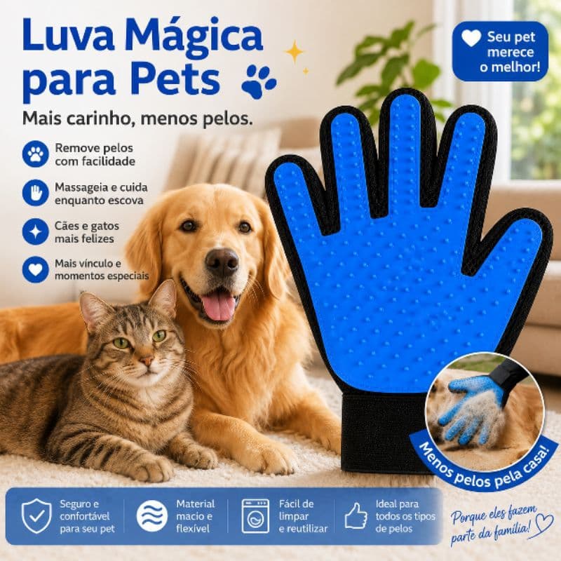 Luva Escova  Nano Magnética Tira Pelos para Cães e Gatos