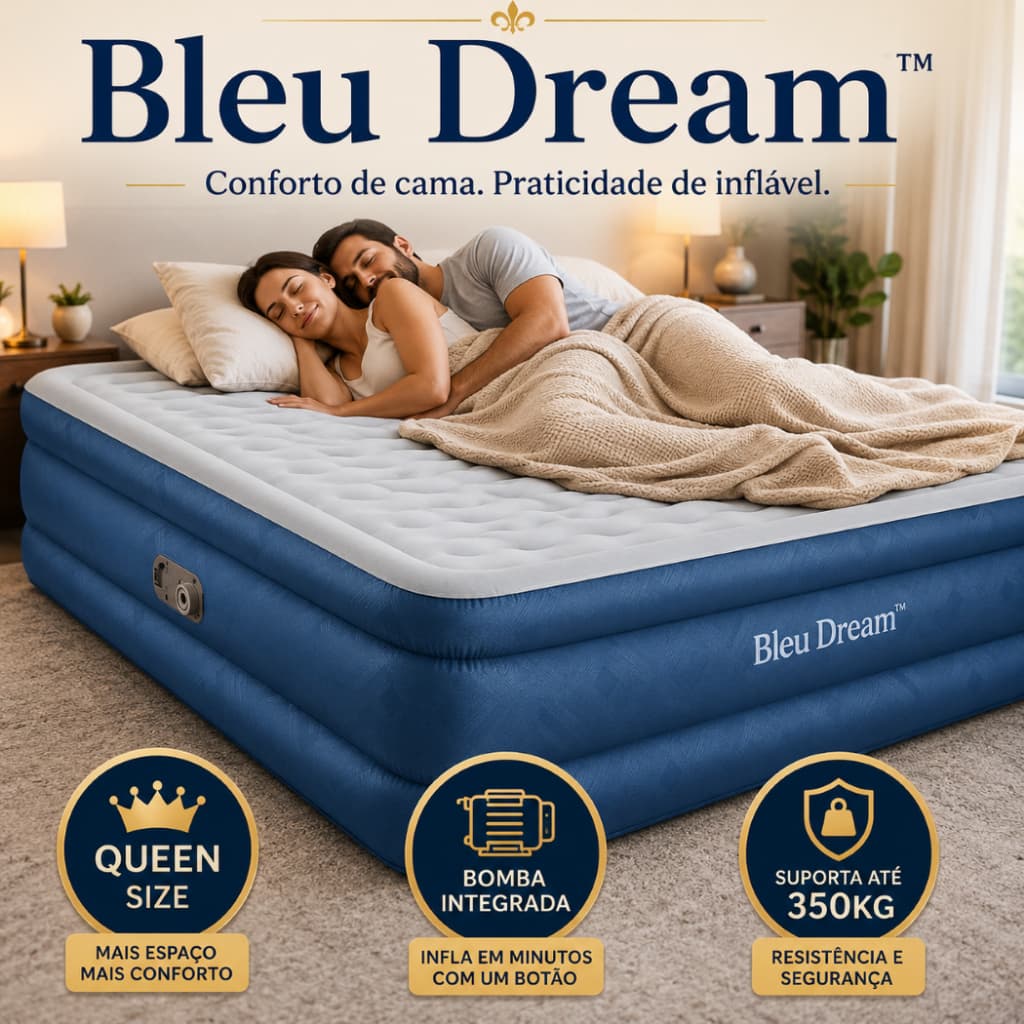 Colchão Inflável Queen Casal Com Bomba Elétrica Integrada Suporta 350kg Azul - Bleu Dream