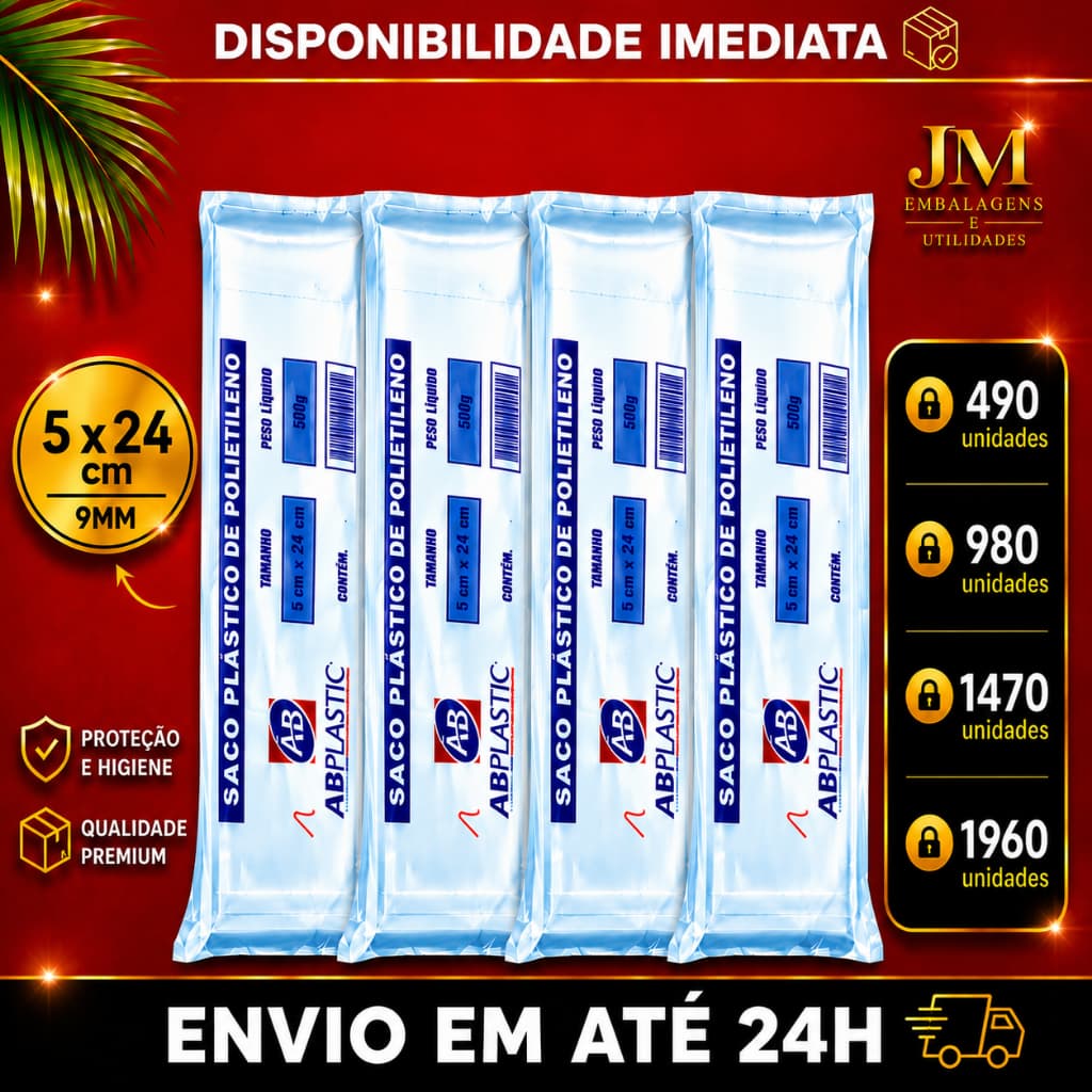 Saquinho Transparente 9mm 5x24 (Grosso) - Embalagem para Geladinho/Geladão - Escolha a Quantidade | ABPlastic