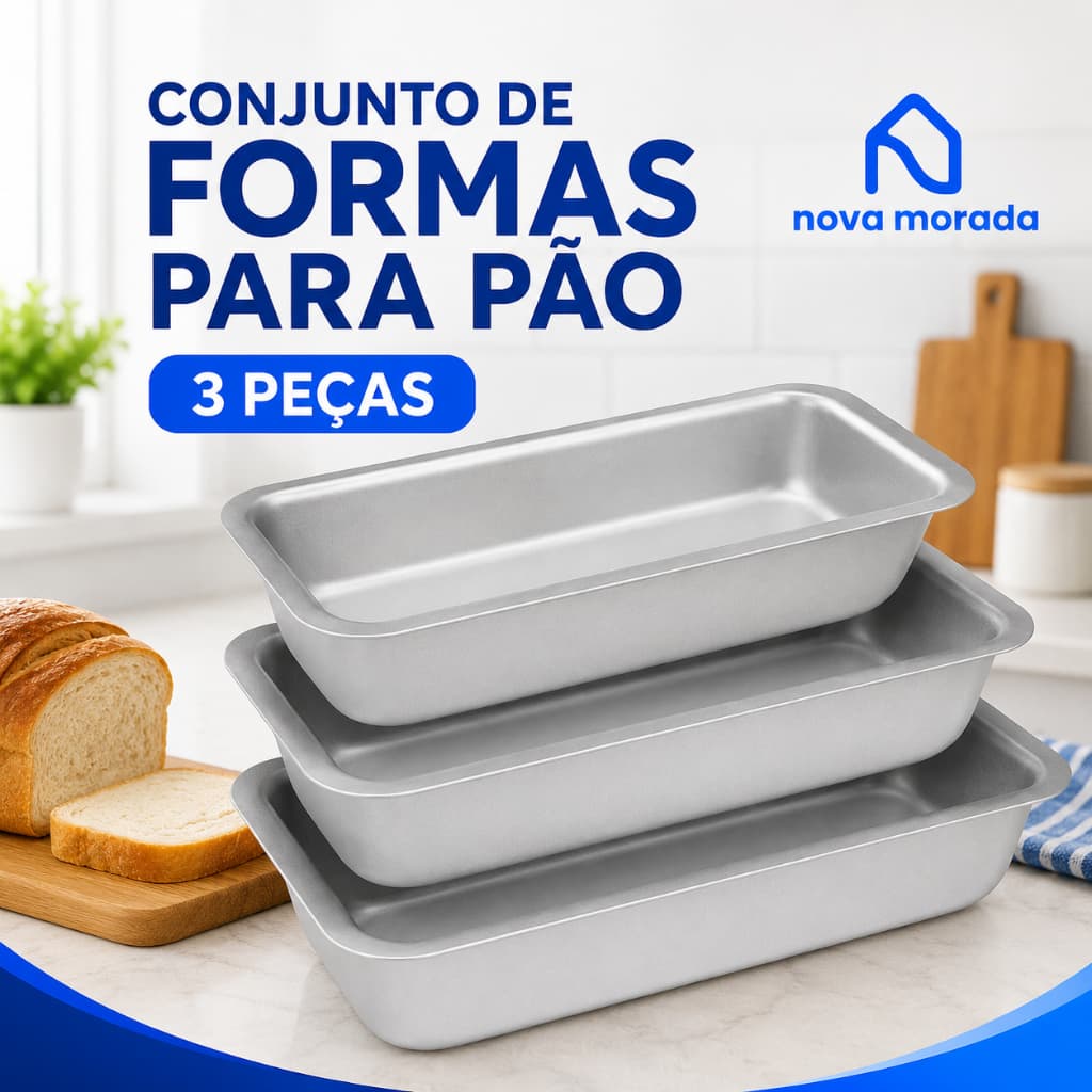 Kit Forma Pão Bolo Alumínio Antiaderente 3 Peças Assadeira Retangular Pequena Média Grande