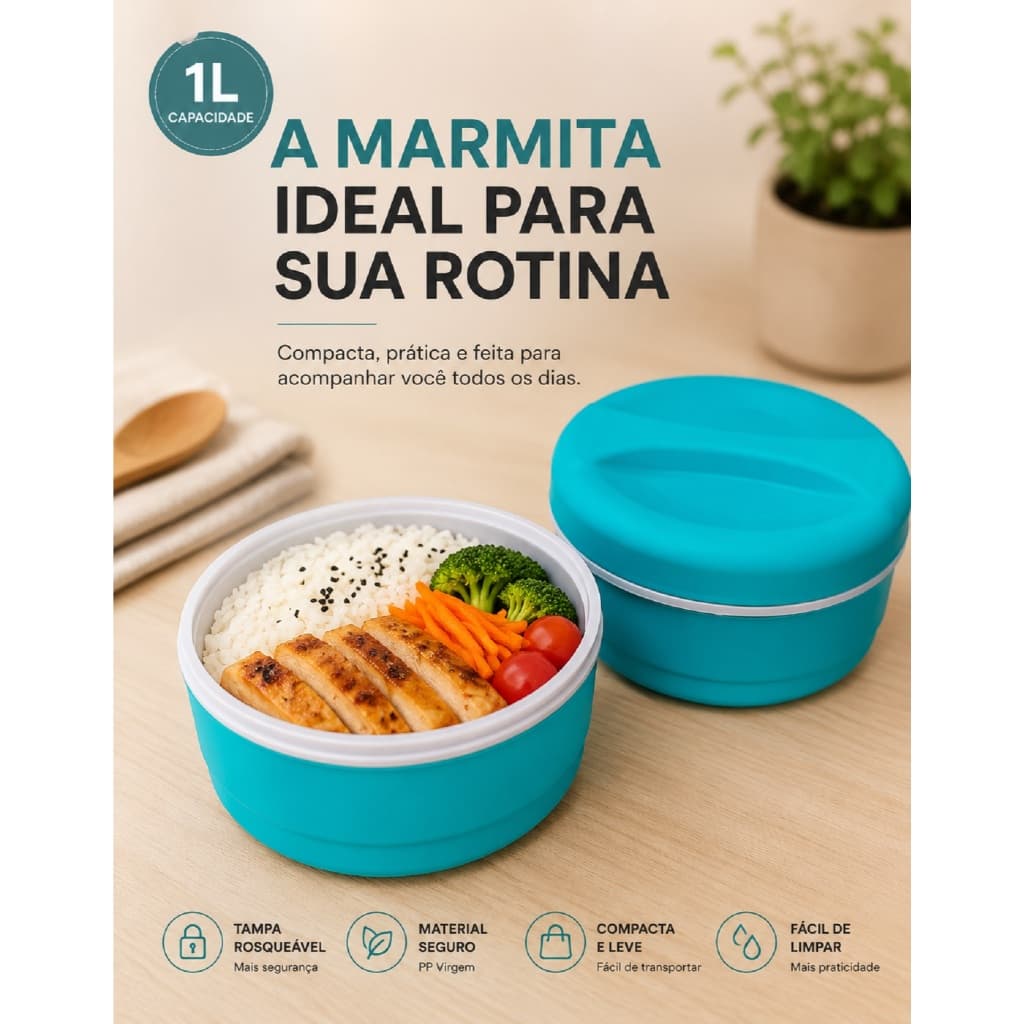 Marmita Térmica 1L Com Tampa Rosca Compacta Para Trabalho Academia Dieta e Faculdade Taxi Uber