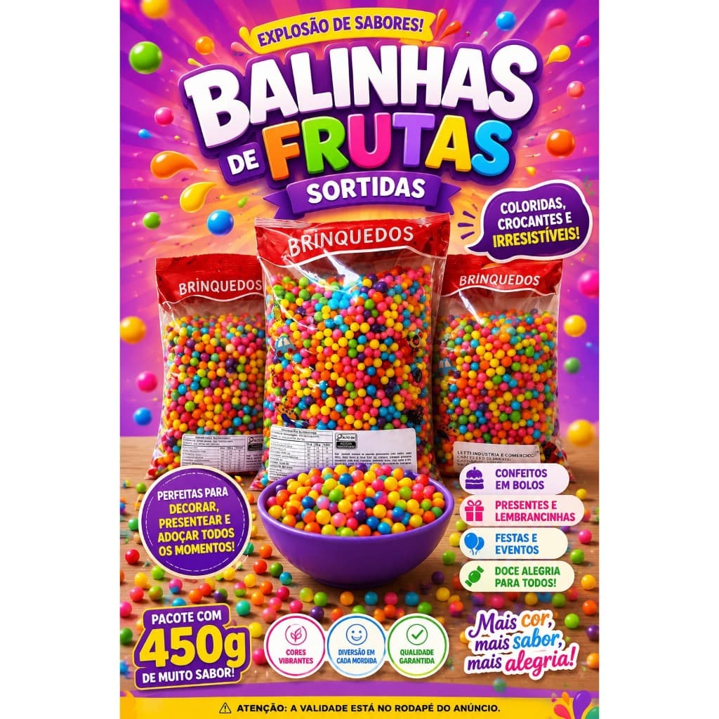 3 PCT Balinhas coloridas de frutas anos 80 pacote 450 gramas cada
