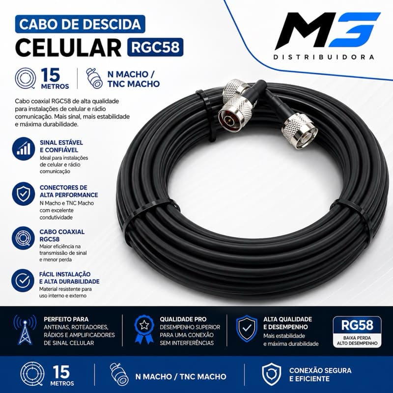 Cabo de Descida Celular Fixo RGC58 - 15m N Macho / TNC Macho Proeletronic