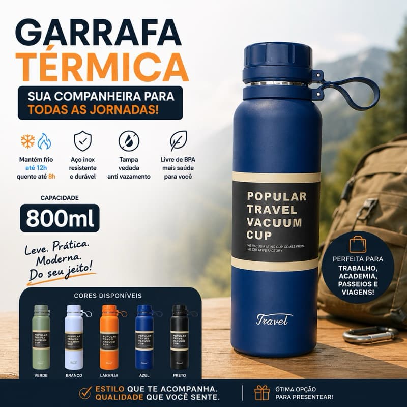 Garrafa Térmica Aço Inoxidável 800ml com Isolamento a oVácuo Prolongado CORES ALEATORIAS