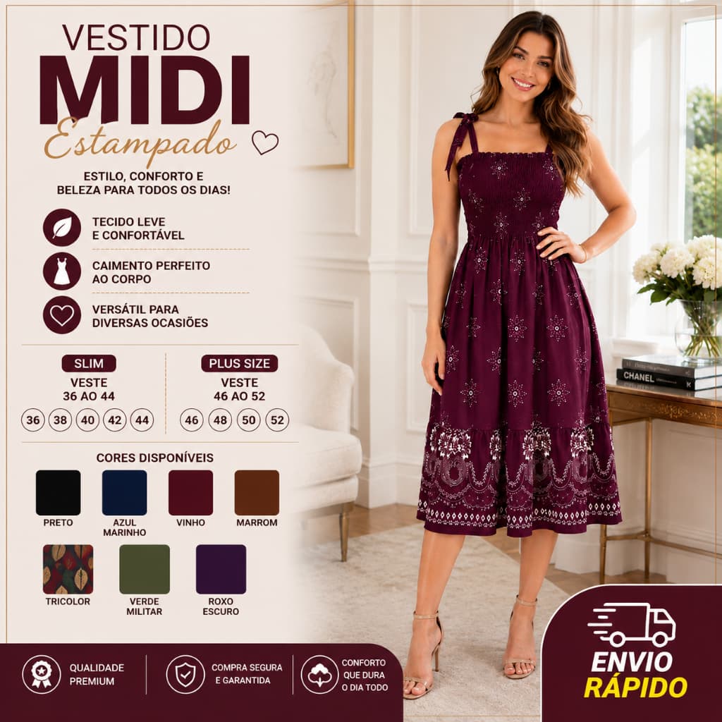 Vestido Midi Feminino Estampado e Liso Slim e Plus Size Lastex Alcinha Amarração Boho Casual Elegant
