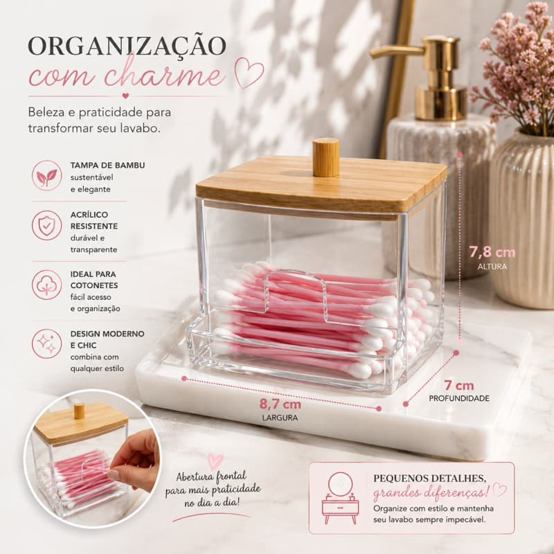 Organizador Porta Cotonete Acrilico com Tampa de Bambu Banheiro Lavabo