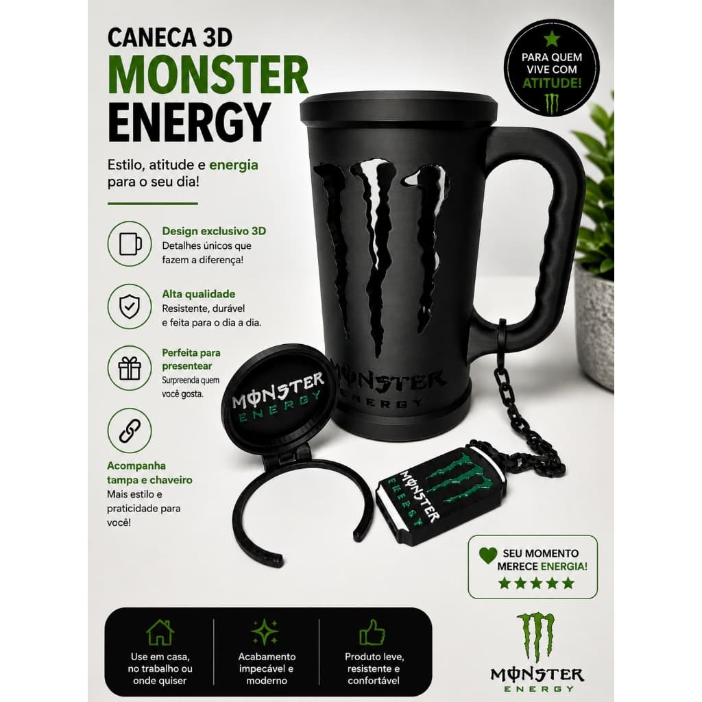 Caneca Monster Energy Porta Lata 473ml 3 em 1 | Com Tampa, Abridor e Alça | Presente Criativo