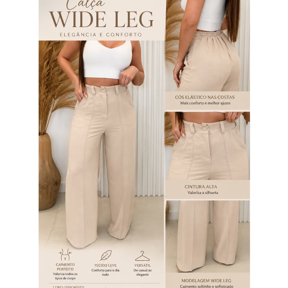 Calça Pantalona Feminina - Modelagem Wide Leg, Bolsos Funcionais, Elástico nas Costas
